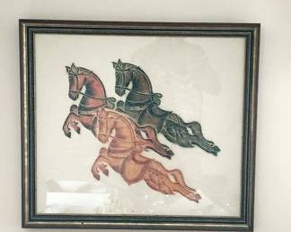 VINTAGE FRAMED THAI TEMPLE RUBBING OF HORSES