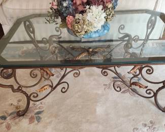 HEX SHAPE ORNATE IRON GLASS TOP TABLE (HEAVY)