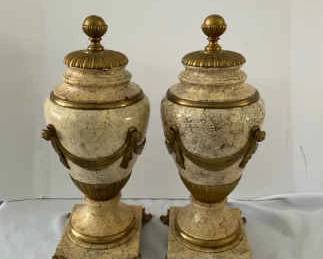 Two Heavy Marble Brass Urns