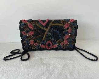 Black Beaded Red, Blue Orange Floral Handbag 