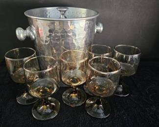 VTG Libby Wine Glasses Hammered Metal Ice Bucket 