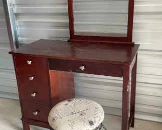 Wood Veneer Vanity Table and Upholstered Stool