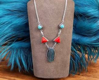 Blue Druzy Sluce Red Coral Ring  Tested