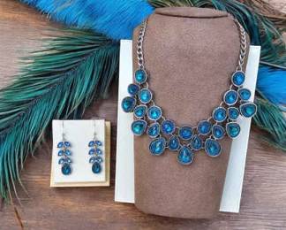Peacock Blue Chandelier Necklace Matching Earrings