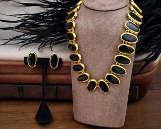 Black Gold Statement Necklace  Matching ClipOn Earrings