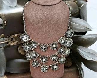 Layered Three Strand Flower Chain Necklace