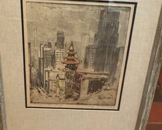 Signed Max Pollak numbered 34/100 colored etching San Francisco