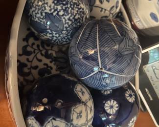 Blue and white balls and oval bowl 