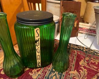 Antique Art Deco 1930’s Owens-Illinois Ribbed Green Glass Canister Jar Sugar