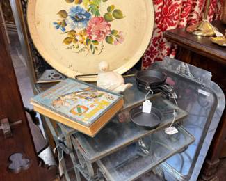 floral tray, books, birds and cast iron