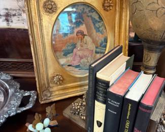 antique framed art, jade grapes, grape book ends, books