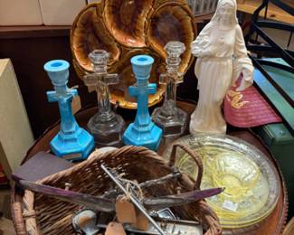 cross candlesticks, vintage tray, statuary
