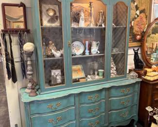 Beautiful French Provincial aqua buffet with pretty glass insert doors.