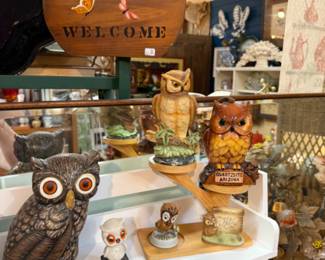 Owls, mushrooms, vintage wooden welcome sign