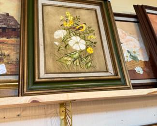framed oil painting of bird with vintage frame