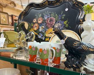 beautifully painted toile tray, mugs, vintage kitchen items