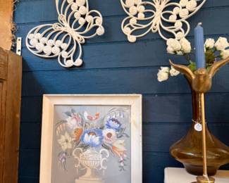 butterflies, framed art, brass candlestick