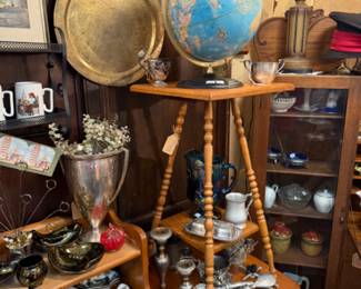 antique globe, vase, small wood table, brass tray, mugs, kitchen ware