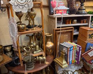books, brass hanging pieces, brass, giraffe, lamp