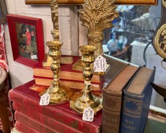 vintage books and candlesticks and book ends