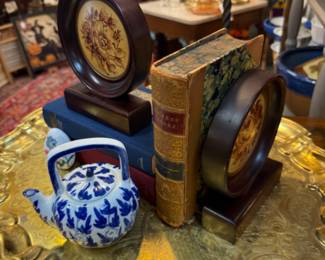 Wooden floral vintage book ends, gorgeous brass tray blue and white small teapot, vintage book,