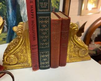 corinthian gold book ends, vintage books, golf oil painting