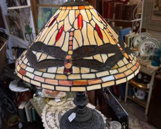 Tiffany Style Vintage Stained Glass Lamp featuring dragon flies in brilliants reds and oranges. Metal floral embossed vase