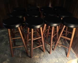12 Vintage wood and vinyl top cushion barstools 