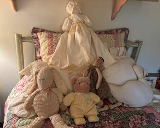 Vintage Children’s dolls, chenille rabbit, bear and goose