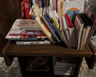 Vintage wooden table
Vintage and antique cookbooks 
