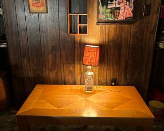 Vintage wood, coffee table
Handcrafted liquor bottle, Lamp
