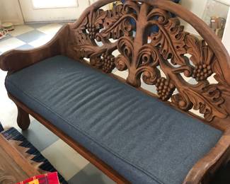Vintage hand carved wood bench.
Good condition!
Measures 50" across x 22 1/2" deep x 36" tall. Seat height is 14" without cushion, 19" with cushion.
Must be able to move and load yourself.
It is located upstairs but we have an elevator.