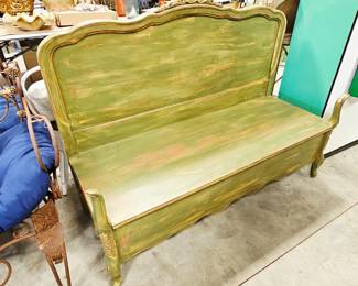 Reclaimed wood green bench.

