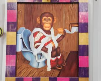 Donald roller Wilson remake monkey on the toilet wrapped in toilet paper art with hand painted frame 