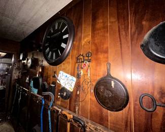 Items cast iron pans and clock