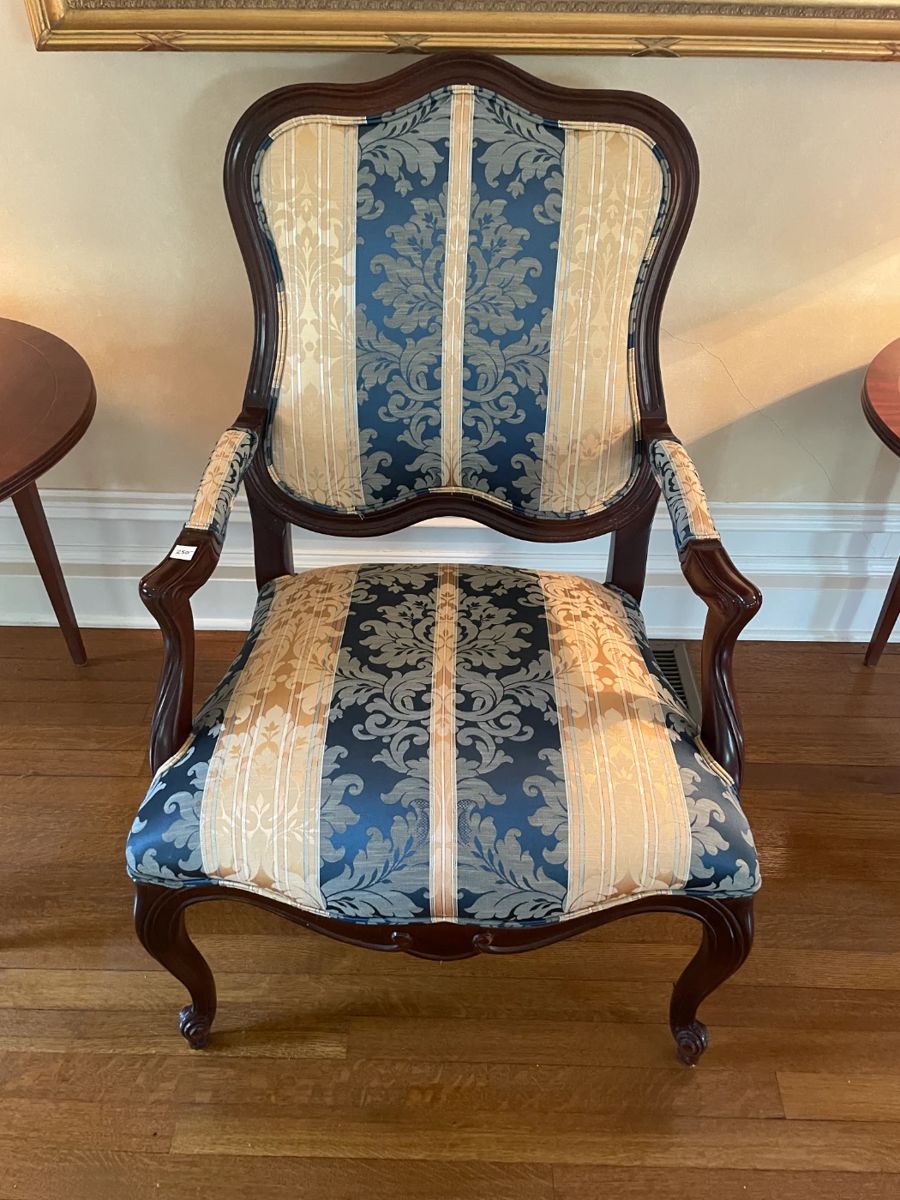 Louis XV style Bergere nicely upholstered armchair in blue and ivory