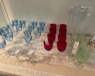 Blue crystal wines, ruby waters, bubble glass waters and Simon Pearce 14" vase, Simon Pearce margarita crystal vessels 