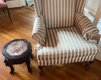 Classic wingback chair with Baroque style Henredon Tessellated marble center table