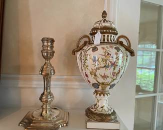 J Reed urn (pair) and a pair of silver candle holders 1984