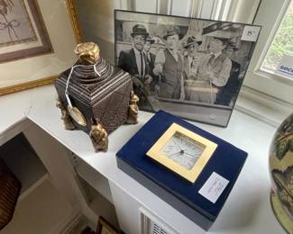 B/W photo of the ratpack...table clock--- lidded box