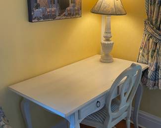 Desk, chair table lamp