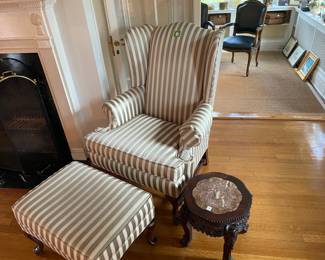 A matching  wingback chair with ottoman  -- paired Baroque style Henredon Tessellated marble center table