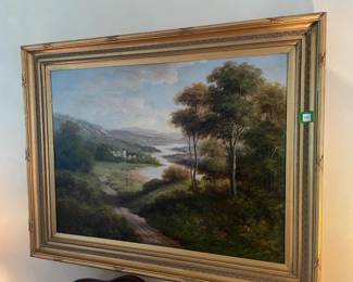 Romance style landscape of river next to a castle -- oil on canvas copy