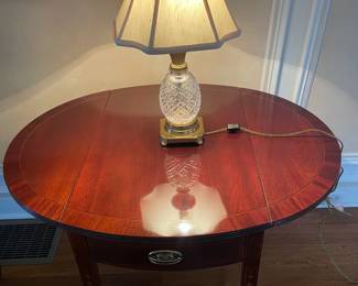 Another Baker Charleston Historic drop leaf side table with inlaid highlights on legs --Waterford crystal table lamp --- side tables identical, table lamps different