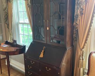 Stickley Chippendale-style mahogany secretary desk-- illuminated shelves