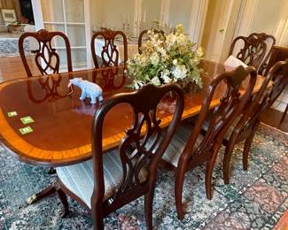 Stickley dining table with 8 mahogany upholstered dining chairs