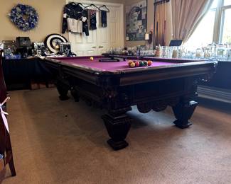 Stunning Pool Table by Goldenwest Billiard Mfg. Legend Series "King David" 8ft standard in Old World Maple, drop pockets, large square legs.