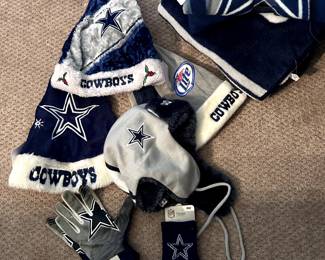 Dallas Cowboys memorabilia - pillows, blankets, games, clothes, kitchen items, and Christmas decor.