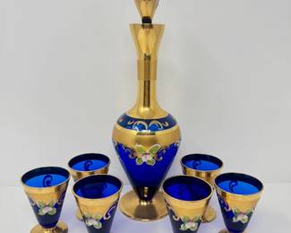 40 CobaltBlueGoldGlassDecanterSetw6CordialGlasses