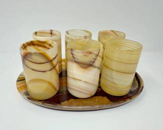 56 OnyxMarbleStone7PieceDrinkSet6TumblerswTray